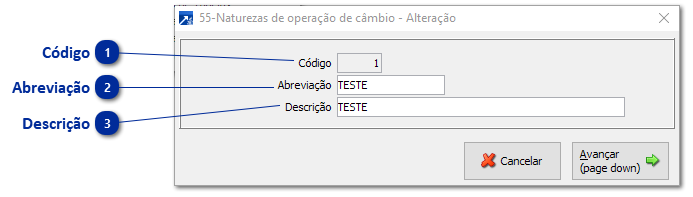 55 - Natureza de Operação de Câmbio