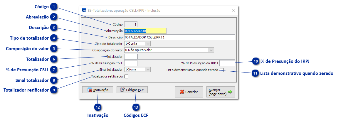83 - Totalizadores apuração CSLL/IRPJ