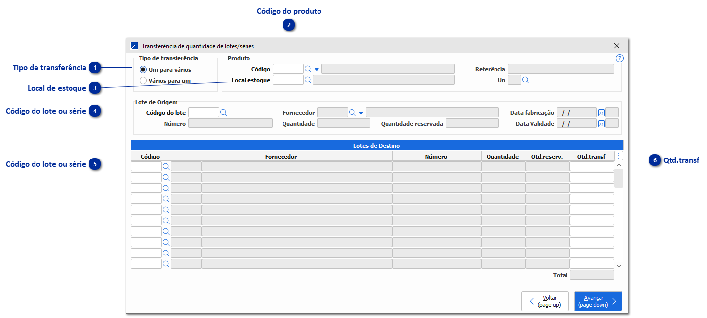 Transferência de quantidade de Lotes/Séries